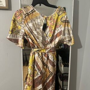 SHEIN Yellow and Brown Backless Paisley Dress